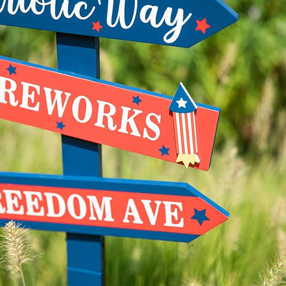 Glitzhome 36" H Patriotic Yard Stake,American Wooden Top Hat Word Sign Yard Stake 4th July Garden Yard Welcome Signs Independence Day Indoor Outdoor Decorations