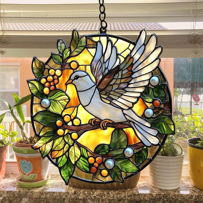 Peaceloving Dove Acrylic Suncatcher Stained Glass Effect Window Car Hanging Christmas Ornament Indoor Outdoor Decor Garden Sun Catcher Panel for Acrylic Suncatcher Lover for Women Mom Grandma