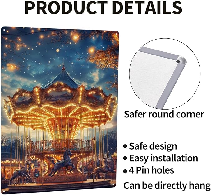 Tin sign Classic Carousel,Metal signs wall decor,Exquisite art plaque poster,for office,studio,living room,kids room,bar,cafe,Garden,Practical decorative Gifts,Easy to hang,12x16 inch