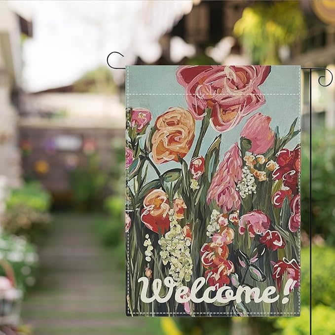 Welocome Spring Flower Garden Flag Oil Painting Pink Floral Spring Garden Flag Decor Double Sided House Flag for Outside Yard Decorations 12×18 Inch