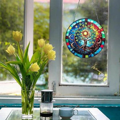 Tree of Life Stained Glass Window Hanging, 7.8" Hand-Painted Sun Catcher Glass Panel Wall Art Decor with Chain, Tree of Life Gifts for Women Mom Grandma, Outdoor Indoor Art Decor for Home Garden