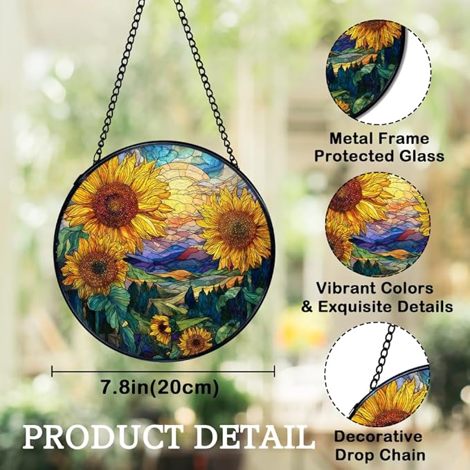 Sunflower Suncatchers Stained Glass Window Hanging, Rustic Cottagecore Flower Sun Catchers Indoor Window Glass Round Wall Decor, Sunflower Wall Hanging Decorations, 7.9x7.9in