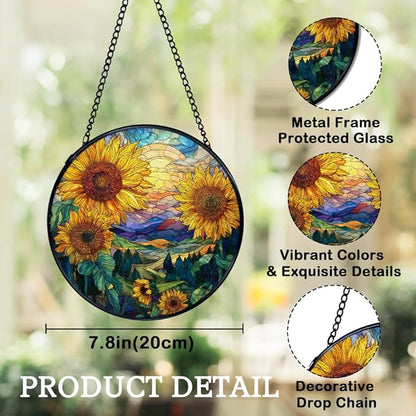 Sunflower Suncatchers Stained Glass Window Hanging, Rustic Cottagecore Flower Sun Catchers Indoor Window Glass Round Wall Decor, Sunflower Wall Hanging Decorations, 7.9x7.9in