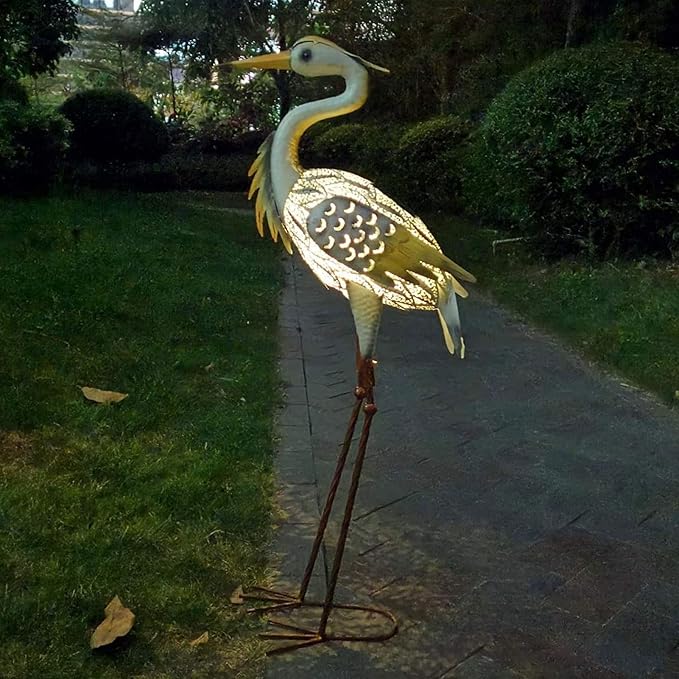 Garden Ornament Sculpture - Solar Powered Metal Garden Animal Statues, Hand Painted Solar Metal Heron, Decorative Bird Sculpture, Lawn Decor