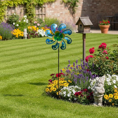 2 Packs Outdoor Metal Wind Spinner, Blue Wind Sculptures Windmill with Stake,Kinetic Yard Art Decor Pinwheels for Garden Outside Patio Lawn