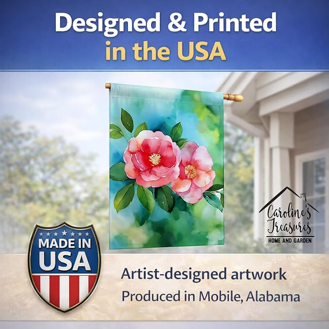 Caroline's Treasures Alabama Camellia in Watercolor House Flag Large Porch Sleeve Pole Decorative Outside Yard Banner Artwork Wall Hanging, Polyester, House Size, Multicolor