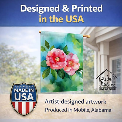 Caroline's Treasures Alabama Camellia in Watercolor House Flag Large Porch Sleeve Pole Decorative Outside Yard Banner Artwork Wall Hanging, Polyester, House Size, Multicolor