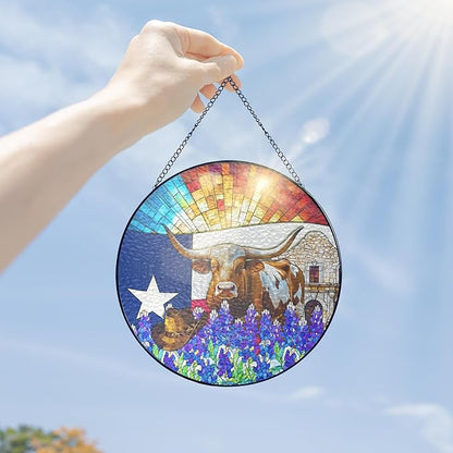 FLAGWIX Texas Gifts for Women Men - Stained Glass Window Hanging 8in - Sun Catchers Indoor Window for Garden Decor, Texas Themed Gifts for Mom Dad Friend, House Warming Gift for Wife Husband