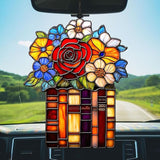 Red Rose Flowers Books Acrylic Suncatcher Stained Glass Effect Window Car Hanging Christmas Ornament Indoor Outdoor Decor Garden Sun Catcher Panel for Book Lover for Women Mom Grandma