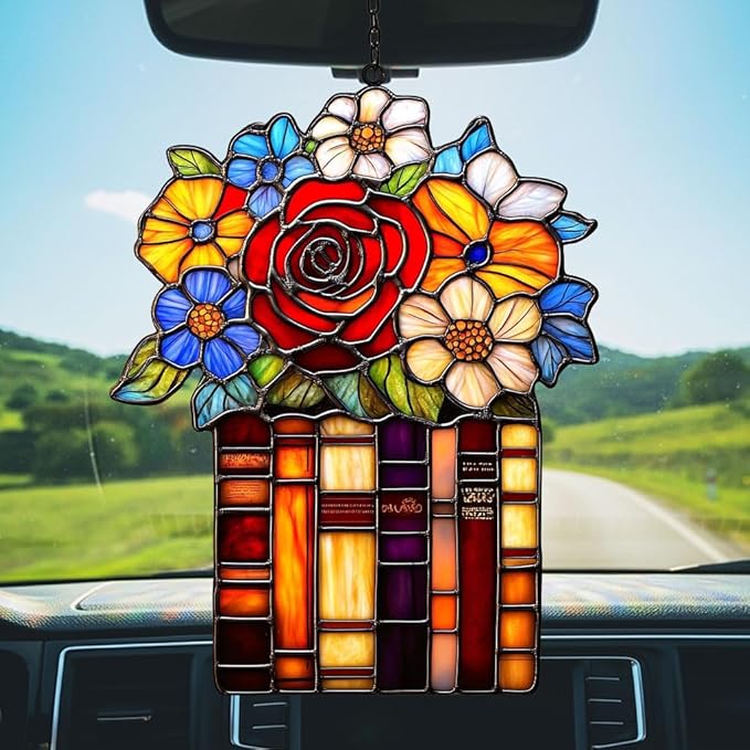 Red Rose Flowers Books Acrylic Suncatcher Stained Glass Effect Window Car Hanging Christmas Ornament Indoor Outdoor Decor Garden Sun Catcher Panel for Book Lover for Women Mom Grandma