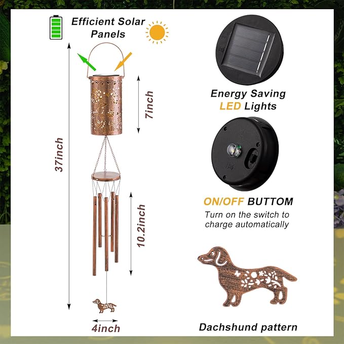 Janinka Dachshund Solar Wind Chimes for Outside, 35'' Memorial Wind Chimes Dachshund Gifts for Women Mom Grandma, Metal Decorative Solar Lantern Windchimes Outdoors Unique Gifts for Garden Decor