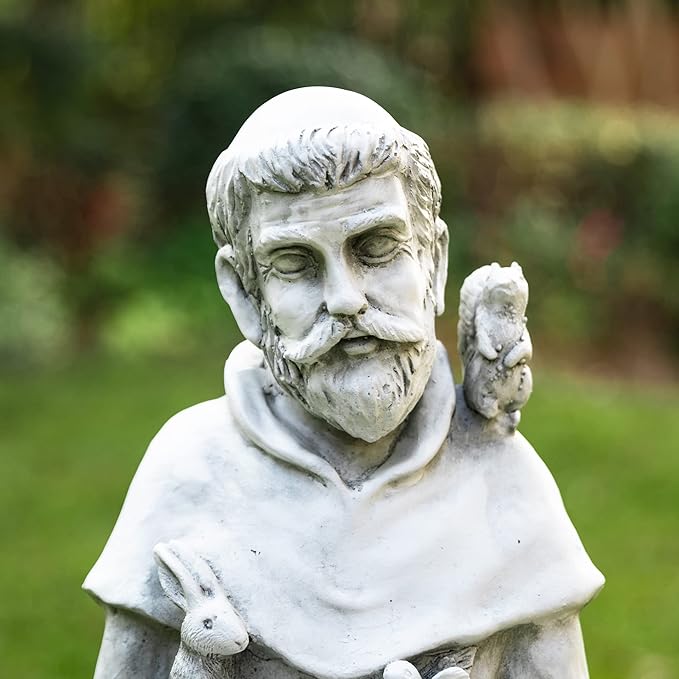 Glitzhome St. Francis Feeds Animals Statue Outdoor Garden Memorail Sculpture, 36.25in Tall, Cement Gray