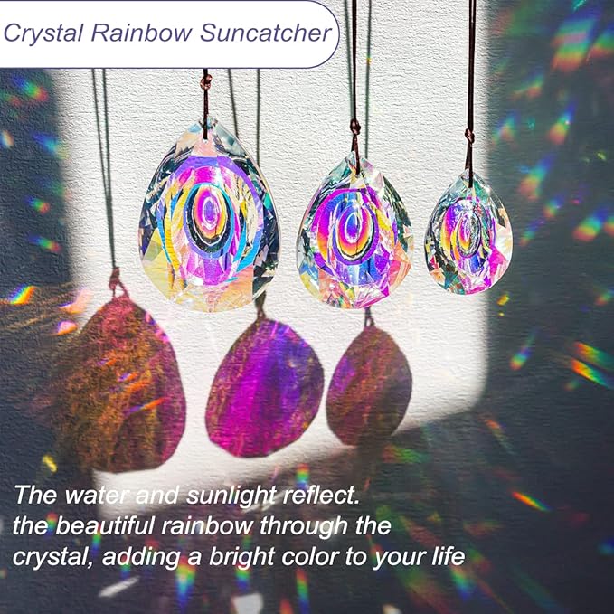 Window Hanging Crystal Prisms Sun Catcher AB Coating Rainbow Maker Glass Prisms Hanging Suncatcher Pendant for Home Garden Decor,76mm/63mm/50mm Chandelier Prism Parts, Pack of 3