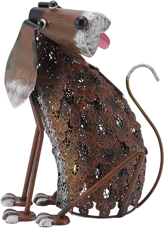 Tefola Garden Decor, Dog Statue Iron Retro Waterproof Vivid Shape Garden Decoration with Solar Powered LED Light for Courtyard