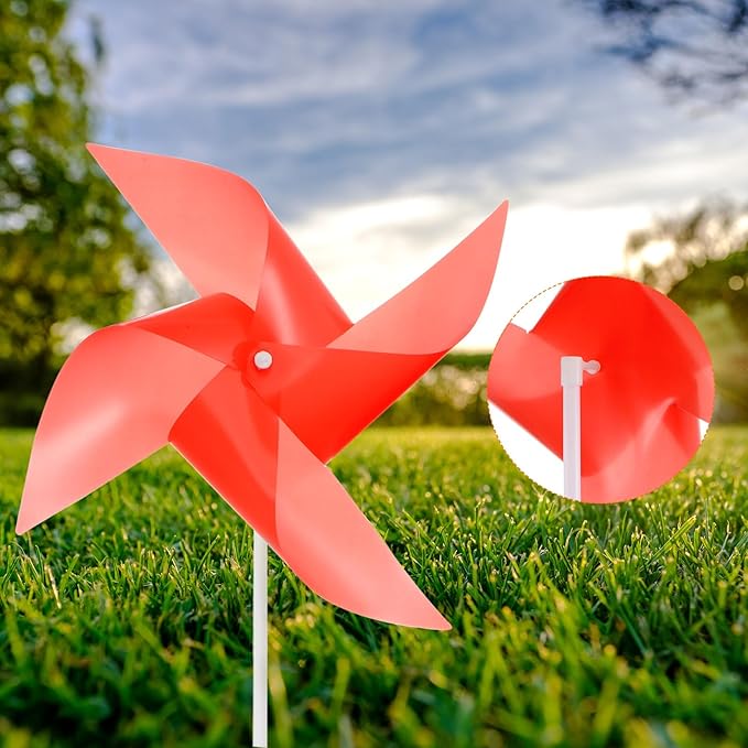 HARFINGTON 50pcs Windmills for The Yard Garden 17" x 11" 4 Leaves Pinwheels Wind Mills Spinners Windproof Waterproof Bird Devices with Stakes for Patio Decor, Red
