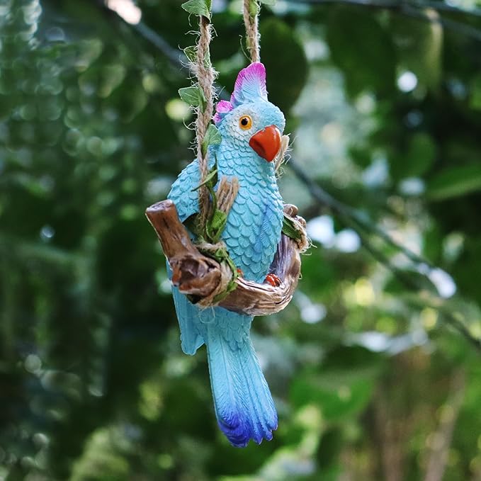 Hanging Parrot Garden Decor Tiki Bar Decorations Tropical Outdoor Hanging Bird Statue for Tree Plant Patio Lawn Yard Porch Balconies Decor(Blue)