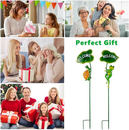 2Pack Frog Decorative Garden Stakes,Metal Tortoise Yard Art Decor for Outside Decor,Spring Outdoor Decor for Pathway,Lawn,Patio,Yard