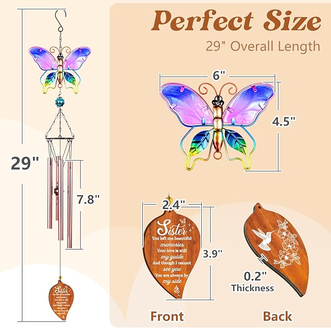 Butterfly Sympathy Wind Chimes,Memorial Gifts for Loss of Sister,Sympathy Gifts for Loss of Sister,Bereavement Condolence Remembrance Gift,Windchimes Outdoors