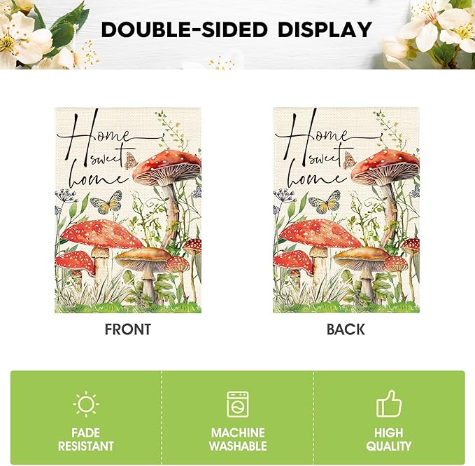 AVOIN colorlife Home Sweet Home Spring Mushrooms Garden Flag 12 x 18 Inch Double Sided, Seasonal Flowers Welcome Yard Outdoor Flag