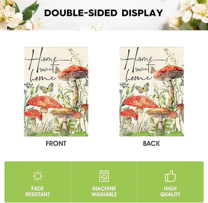 AVOIN colorlife Home Sweet Home Spring Mushrooms Garden Flag 12 x 18 Inch Double Sided, Seasonal Flowers Welcome Yard Outdoor Flag