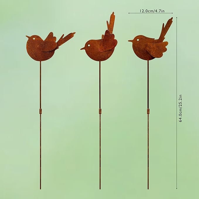 3PCS Rusty Metal Bird Stake Cute Birds Kinetic Sculpture Metal Garden Animals Stake Garden Decor Gifts for Friends and Family