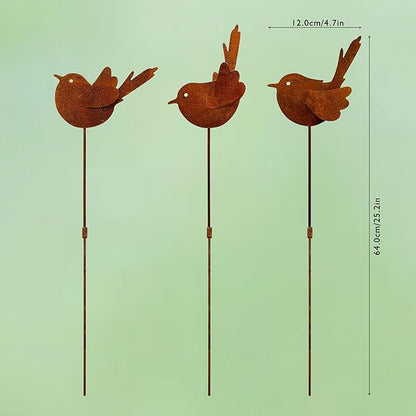 3PCS Rusty Metal Bird Stake Cute Birds Kinetic Sculpture Metal Garden Animals Stake Garden Decor Gifts for Friends and Family