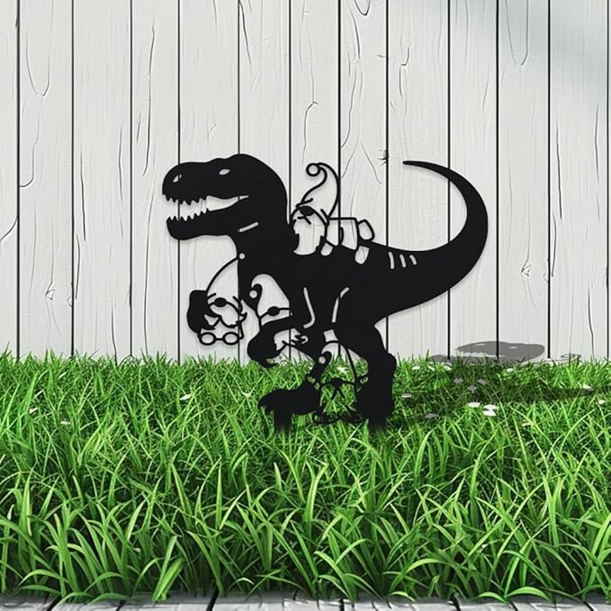 WADORN Dinosaur Gnome Metal Decorative Garden Stakes, Funny Dinosaur Gnome Metal Silhouette Statues Animals Garden Ornament Gifts Black Yard Art Decoration for Outdoor Backyard Patio Lawn Walkways