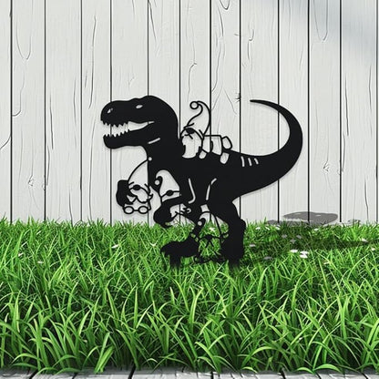 WADORN Dinosaur Gnome Metal Decorative Garden Stakes, Funny Dinosaur Gnome Metal Silhouette Statues Animals Garden Ornament Gifts Black Yard Art Decoration for Outdoor Backyard Patio Lawn Walkways