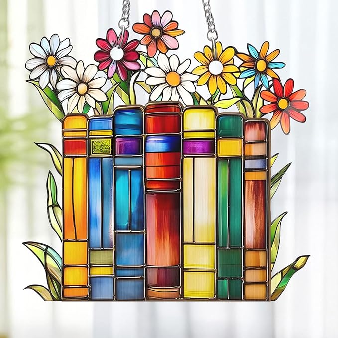 Jesuspirit - Window Hanging Suncatcher – Crystal Clear Acrylic & Wood Sun Catcher for Home Decor, for Women (Flower Book Library Decor, 6 Inches)