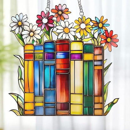 Jesuspirit - Window Hanging Suncatcher – Crystal Clear Acrylic & Wood Sun Catcher for Home Decor, for Women (Flower Book Library Decor, 6 Inches)