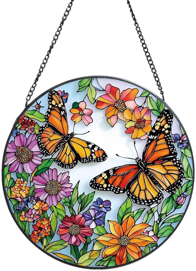 Suncatcher Stained Glass Window Hanging - Butterfly Glass Panel with Metal Chain and Hooks Handmade Sun Catcher Decoration for Window Garden Home Christmas & Birthday Gifts (7.8 Inch)