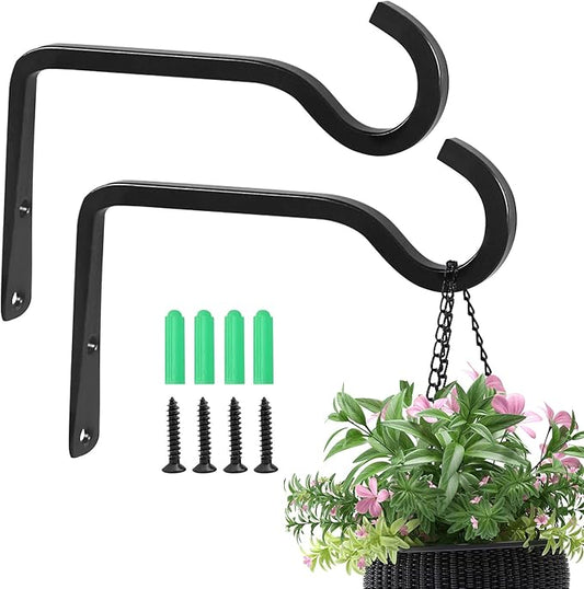 2 Pack 6 Inch Premium Decorative Metal Iron Wall Hook, Rustic Plant Hanger, Indoor Outdoor Gardening Bracket Hook, for Planters, Bird Feeders, Lanterns, Wind Chimes, by RIGHT+LEFT (Black)