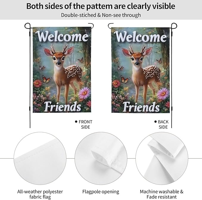 Beautiful Deer Garden Flags 12×18 Inch Welcome Friends Double Sided Decorative Yard Banner Seasonal Flag for Outdoor Outside Decor