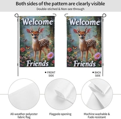 Beautiful Deer Garden Flags 12×18 Inch Welcome Friends Double Sided Decorative Yard Banner Seasonal Flag for Outdoor Outside Decor