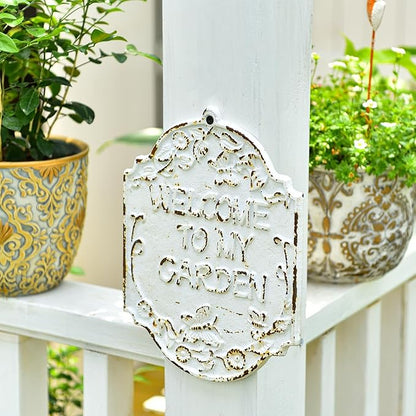 Sungmor Rustful Crafts Cast Iron WELCOME TO MY GARDEN sign, Decorative Garden Marker, Beautiful Outdoor Yard Patio Wall or Fence Decoration, Vintage Hanging Welcome Signs to Gardening Lovers