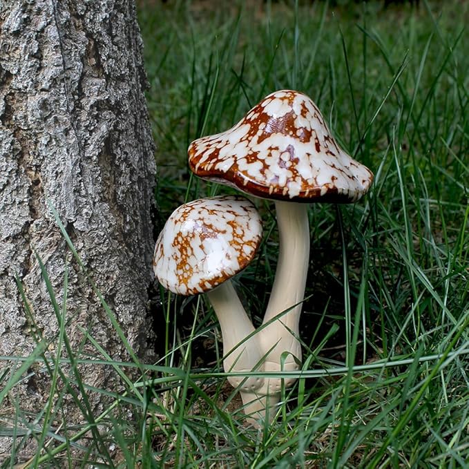 Ceramic Mushroom Outdoor Decor-2pcs Mushroom Statue Decor for Garden, Lawn, Fairy Garden Stakes 8.27'' in Height