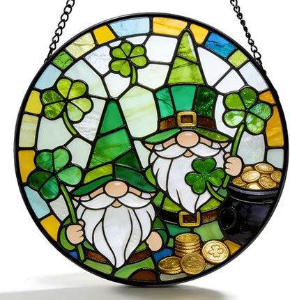 Funoasis Stained Glass Window Hanging Suncatcher - 6.3 Inches St. Patrick's Day Gnome Clover and Gold Coin Ornaments Sun Catcher Home Decor Spring Decoration