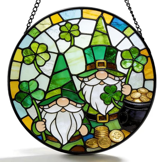 Funoasis Stained Glass Window Hanging Suncatcher - 6.3 Inches St. Patrick's Day Gnome Clover and Gold Coin Ornaments Sun Catcher Home Decor Spring Decoration