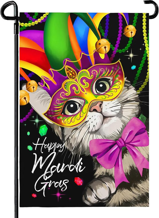 Happy Mardi Gras Garden Flag Masquerade Mask Cat Yard Flags Spring New Orleans Carnival Festival Masquerade Celebration Season Holiday Party Yard Decoration for Outside 12x18 Double Sided
