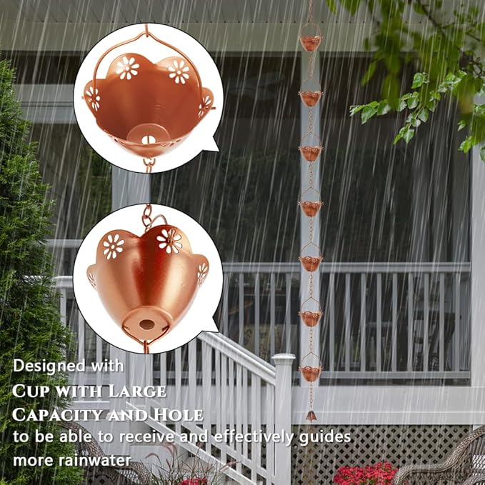 Rain Chains for Gutters, 8.2 FT Rain Chain with 10 Cups, Adjustable Rain Catcher Chain for Outside, Replacement Downspout for Gutters, Eaves, Drainage(Gold)