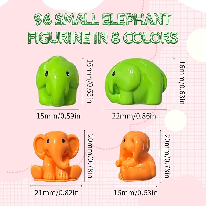 96 PCS Small Elephant Figurines - 0.8" Tiny Resin Elephants in 8 Colors for Fairy Garden, DIY Crafts, Home Decor, Table Scatter