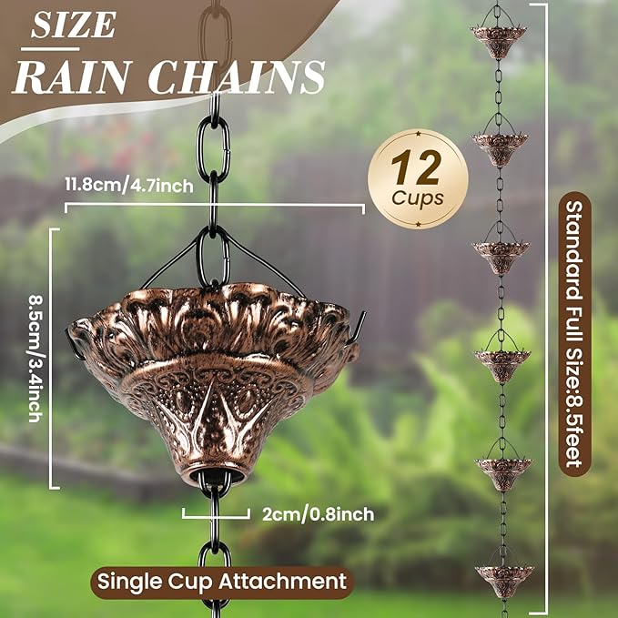 Rain Chain Gutter Downspout Antique Copper Rain Chains for Gutters with 12 Cups, Adjustable Rain Catcher Chain with Bell for Outside Water Diverter Decorative Garden Rain Chimes, 8.5 Ft