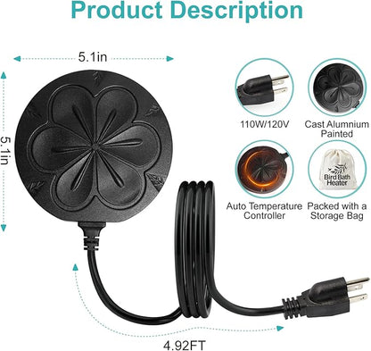 110W Bird Bath Heater for Outdoors in Winter, Submergible Cast Aluminum Chicken Water Heater with Thermostatically Controlled Bird Bath Deicer Pond Deicer for Livestock