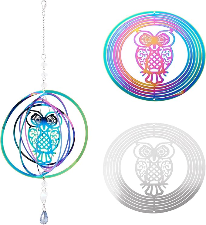 Stainless Steel Reflective Wind Spinners for Christmas Tree Decor 3D Owl Wind Chimes Gradient Etched Metal Embellishments for Outdoor Indoor Garden Hanging Decor 2Pcs
