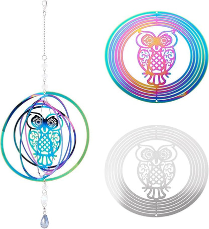 Stainless Steel Reflective Wind Spinners for Christmas Tree Decor 3D Owl Wind Chimes Gradient Etched Metal Embellishments for Outdoor Indoor Garden Hanging Decor 2Pcs