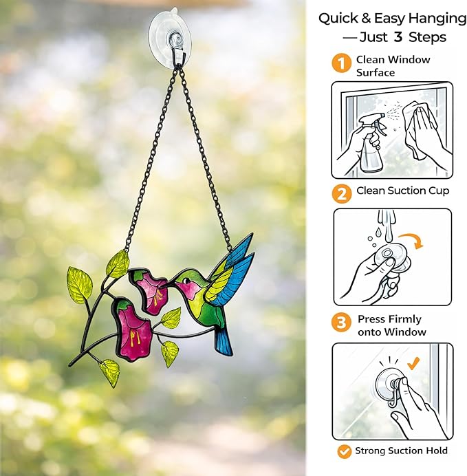 Hummingbird Stained Glass Suncatcher, Handmade Colorful Window Hanging Sun Catcher Ornament for Home & Garden Decor, Great Gift Idea for Bird Lovers & Mom