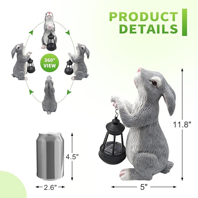 11.8 Inch Bunny Solar Garden Statue, Easter Rabbit Figurine with Glowing Lantern, Handcrafted Resin Outdoor Decor for Patio, Balcony, Yard, Gift for Women, Housewarming, Birthday, Easter Party Decor