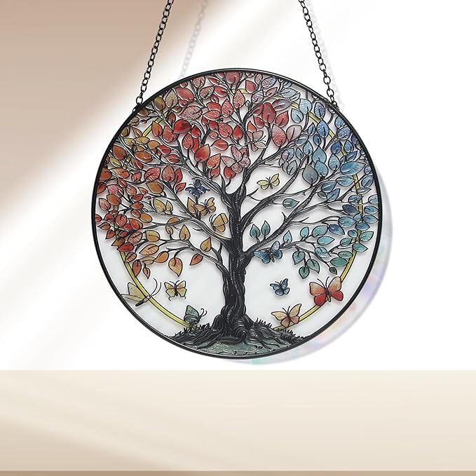 Large Tree of Life Garden Suncatcher, Stained Glass Window Hanging, Suncatchers for Windows Hanging, for Friends, Family, and Women 9.9 * 9.9IN