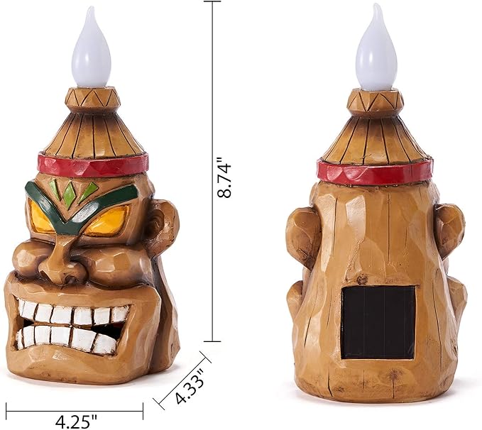 Outdoor Solar Tiki Statue Decor - Tiki Bar Decoration - Torch Tiki Head Statues for Patio, Yard, Backyard, Lawn, Garden Gift, Garden Tiki Figurine 8.74 Inch Tall