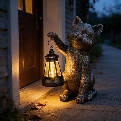Solar Outdoor Cat Garden Statue,Outside Crafted Garden Sculptures & Statues for Patio, Yard, Lawn, Gardening Gifts for Women and Mom